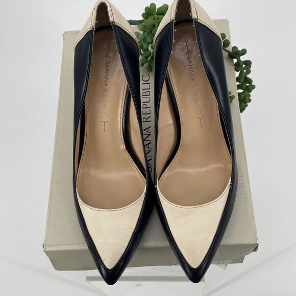 Banana Republic Tatum Leather Pointed Toe Two-Tone Dressy High Heels Pumps Black - Picture 2 of 14